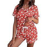 RUEWEY Women Christmas Pajamas Satin Silk Lounge Set Short Sleeve Tops and Shorts 2 Piece Outfits Sleepwear