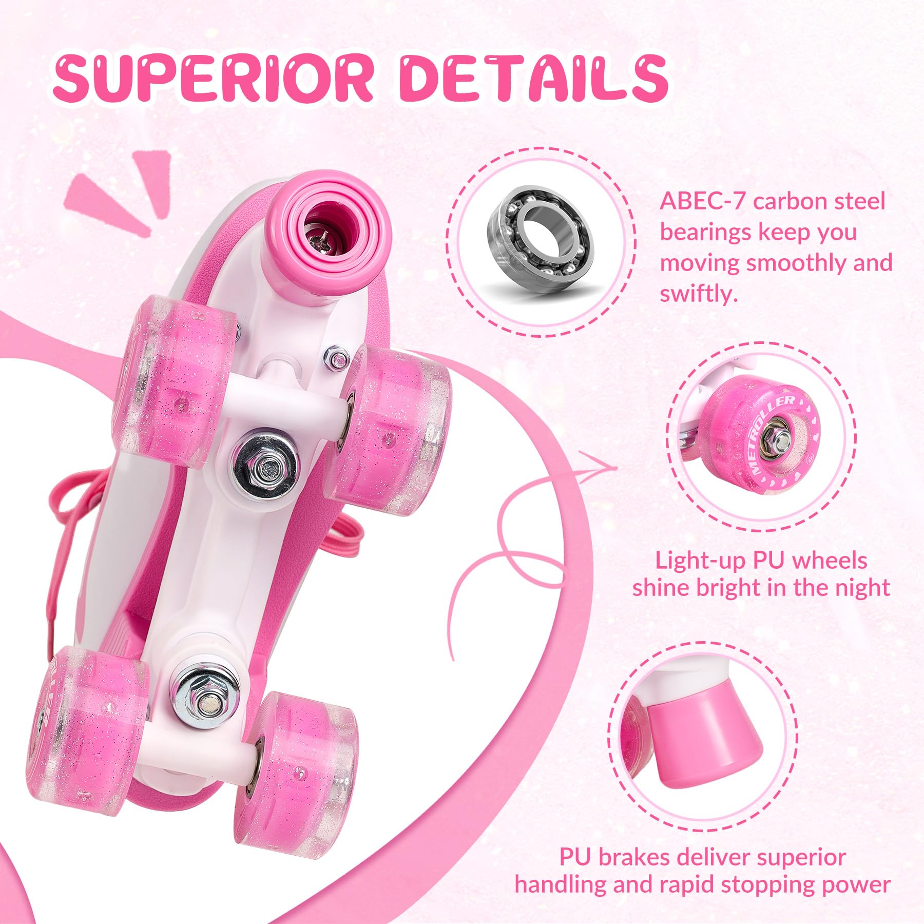 Condition photo showing New/Like New for metroller classic roller skates girls women's quad skates with light up wheels, high-top pu leather 