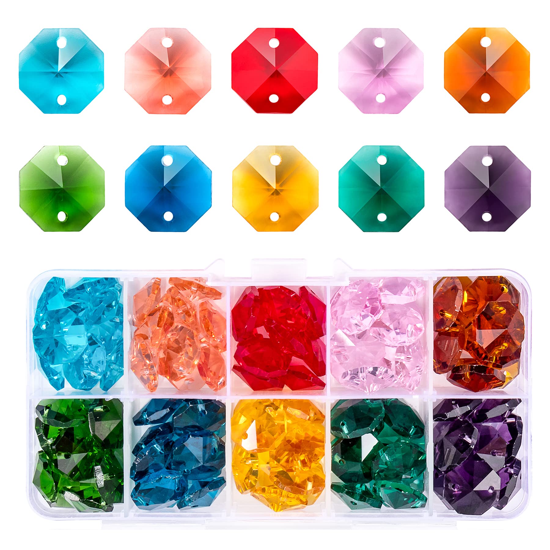 MissAudrey 100pcs 14mm Crystal Glass Octagon Beads Multicolour Crystal Chandelier Prisms Parts Replacement Beads DIY Lamp Hanging Pendant Suncatcher