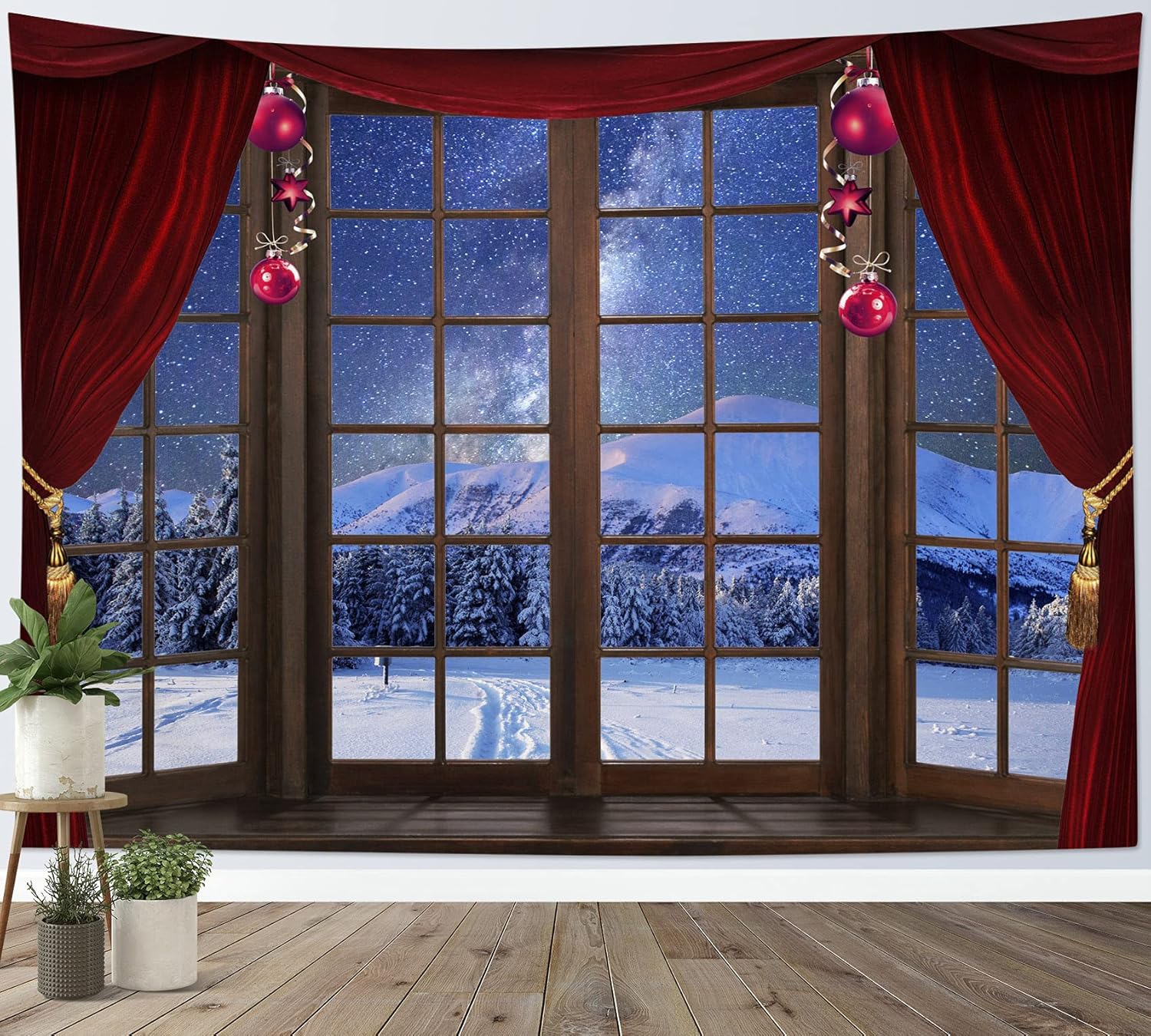 Tapestries - HVEST Winter Tapestry Wall Hanging Snow Scene Outside Vintage Window Tapestries Red Christmas Balls New Year Wall Decor Blanket for Bedroom Living Room Holiday Party, 60X40Inches