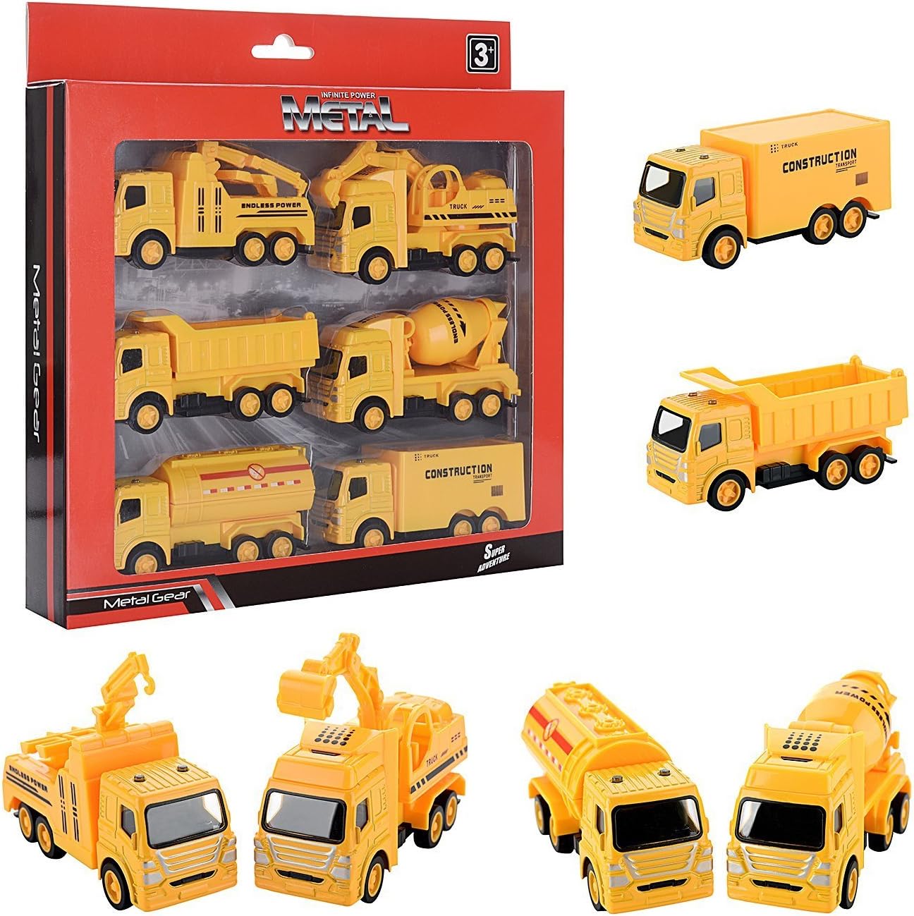 Persevere Construction Truck Toy, Friction Powered Pull Back Vehicles Engineering Truck Kids Toy-Dumper, Tanker, Tow truck, Excavator, Cement Truck,Transport Truck Toy for Children Boy Girls, Set of 6