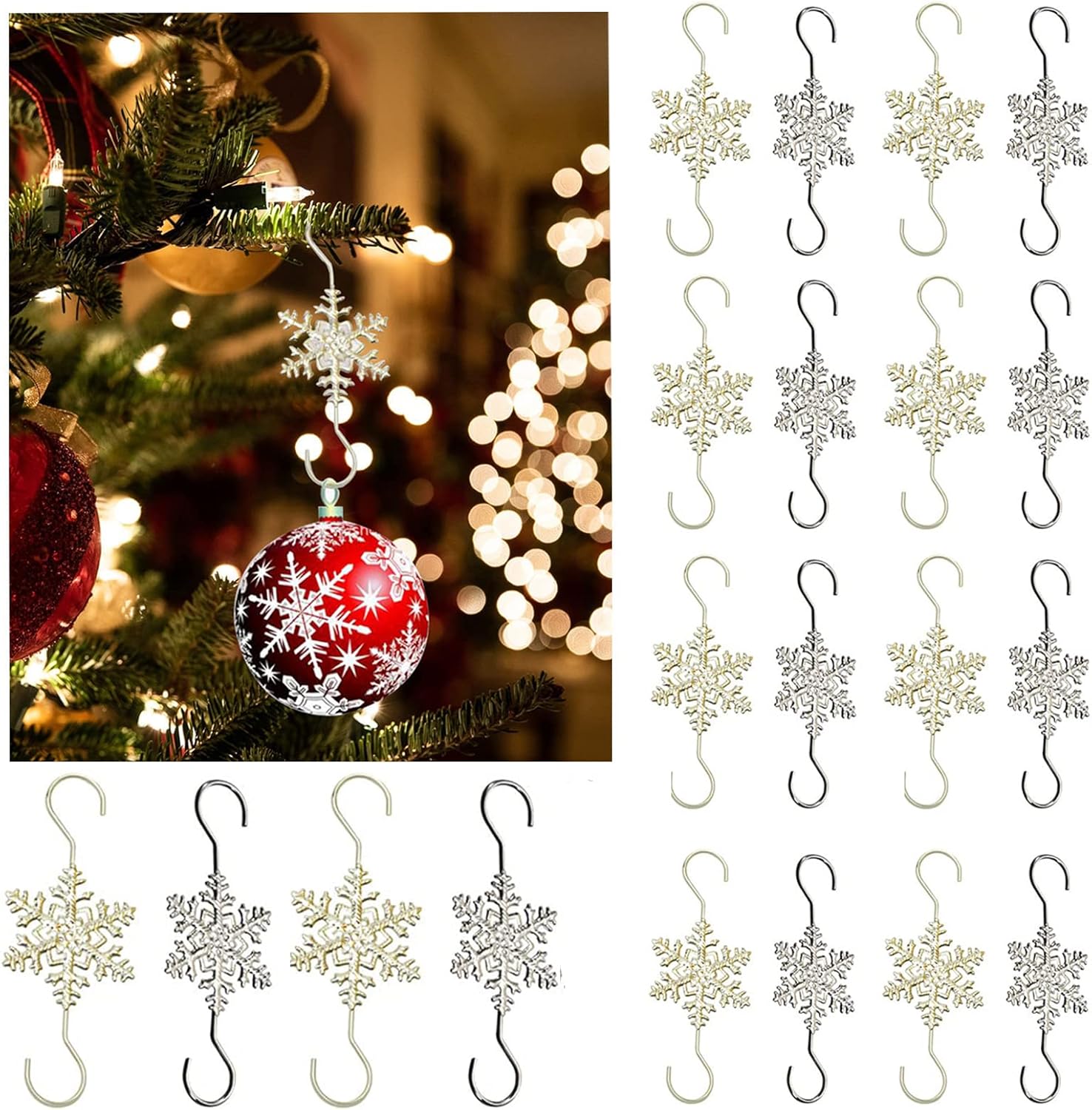 Ornament Hooks - Furimuk Christmas Ornament Hooks for Hanging Christmas Decorations, Sliver Gold Snowflake Decorative Ornaments Hanger No-Slip Hanging Hooks for Xmas Christmas Tree for Small Ornaments 20 Count