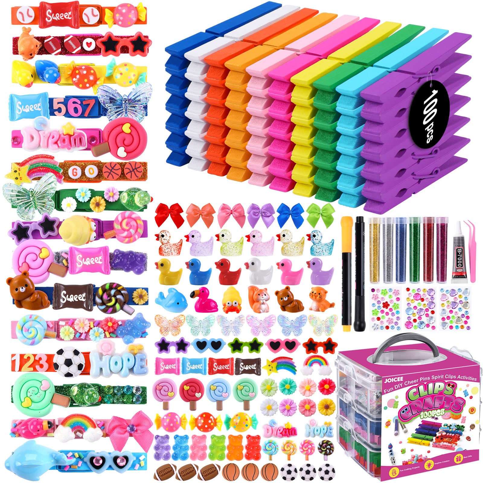 JOICEE 100 Set Cheer Pins Spirit Clips, 100 Colored Wooden Clothes Pins with Storage Box 128 Mini Resin Animals Bows Daisy and Stickers Pen Over 350 Beads for Backpacks Ribbon Team Cheer Gifts Bulk