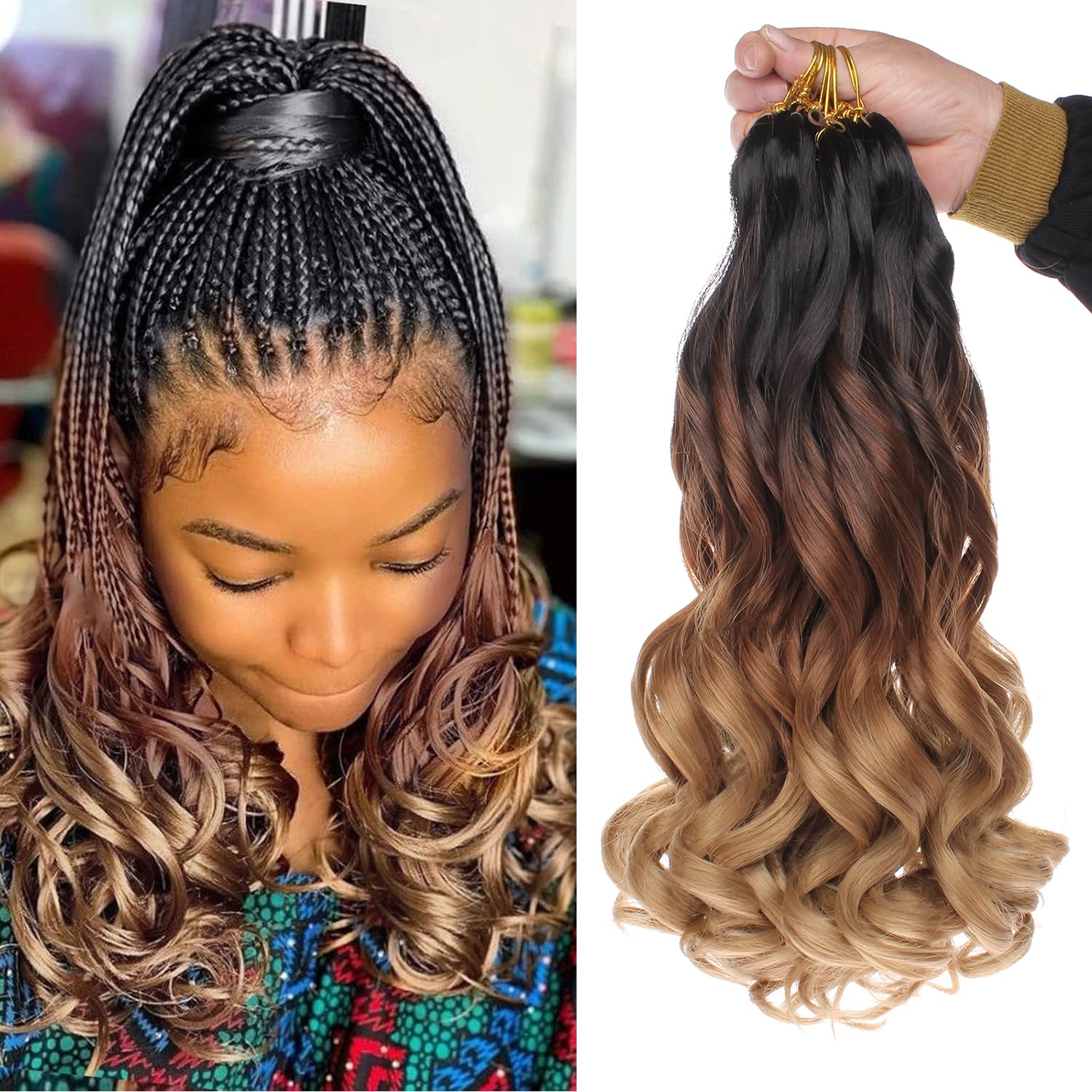 Xtrend 8 Packs 14 Inch Pre Looped Curly Hair Extensions with Curly Ends for Goddess Braids 1B3027#