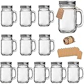 Mason Jar Cups, Mason Jars With Handle And Lids, Drinking Glasses Cups, Glass Mugs with Handles 16 oz –12 Pack