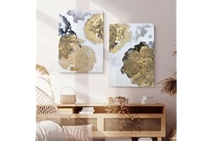 MOUODEWO 100% Hand Painted Gold Abstract Painting Wall Art, 2 Piece Canvas Wall Modern Art Oil Painting, Large 3D Textured Gold Leaf Painting For Home Bedroom/Kitchen/Living Room/Office Wall Decoration