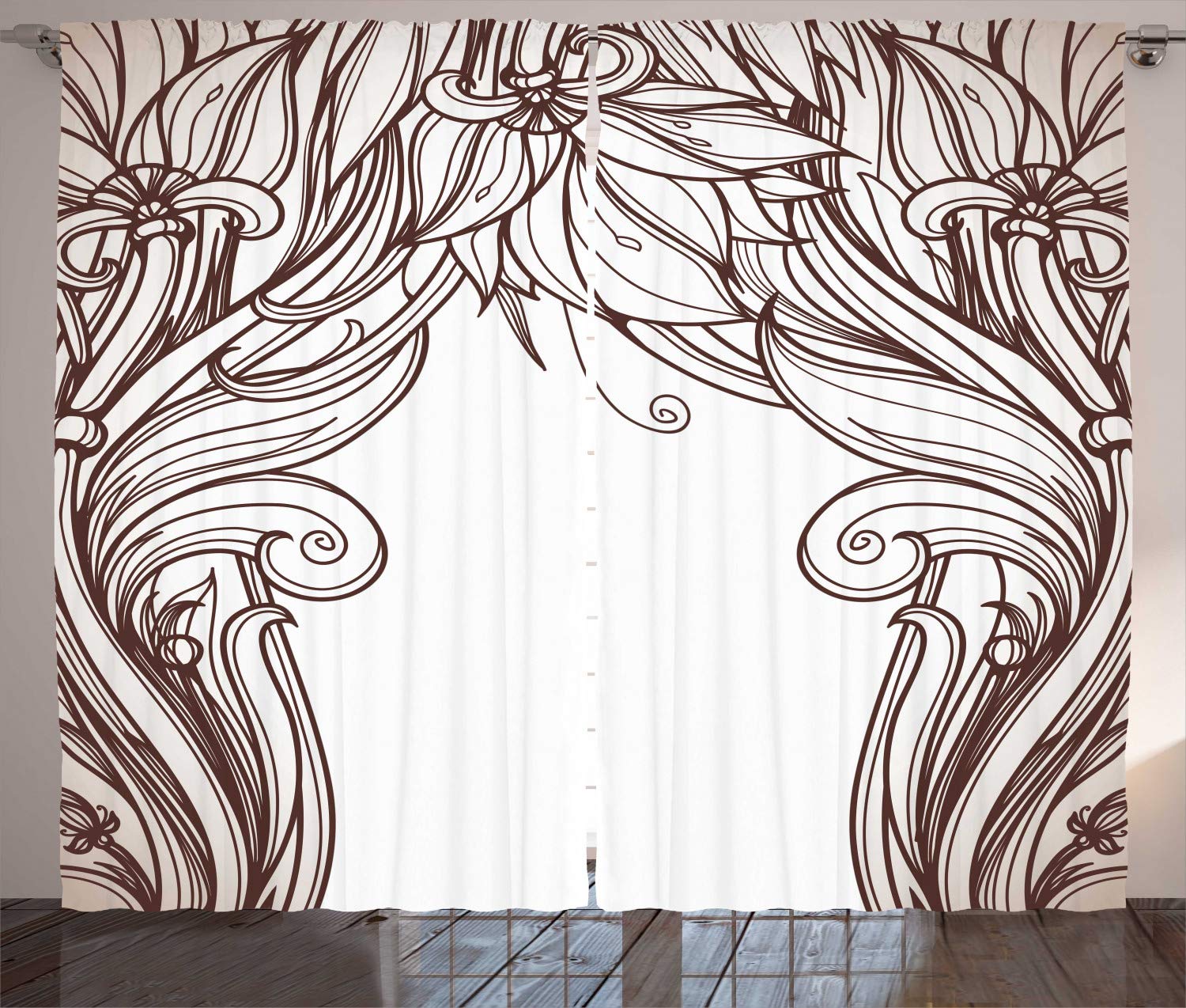 ABAKUHAUS Art Nouveau Curtains, Vintage Victorian Renaissance Curving Branches in Earth Tones Classic, Living Room Bedroom Window Drapes 2 Panel Set, 102 L X 110 W, Seal Brown White