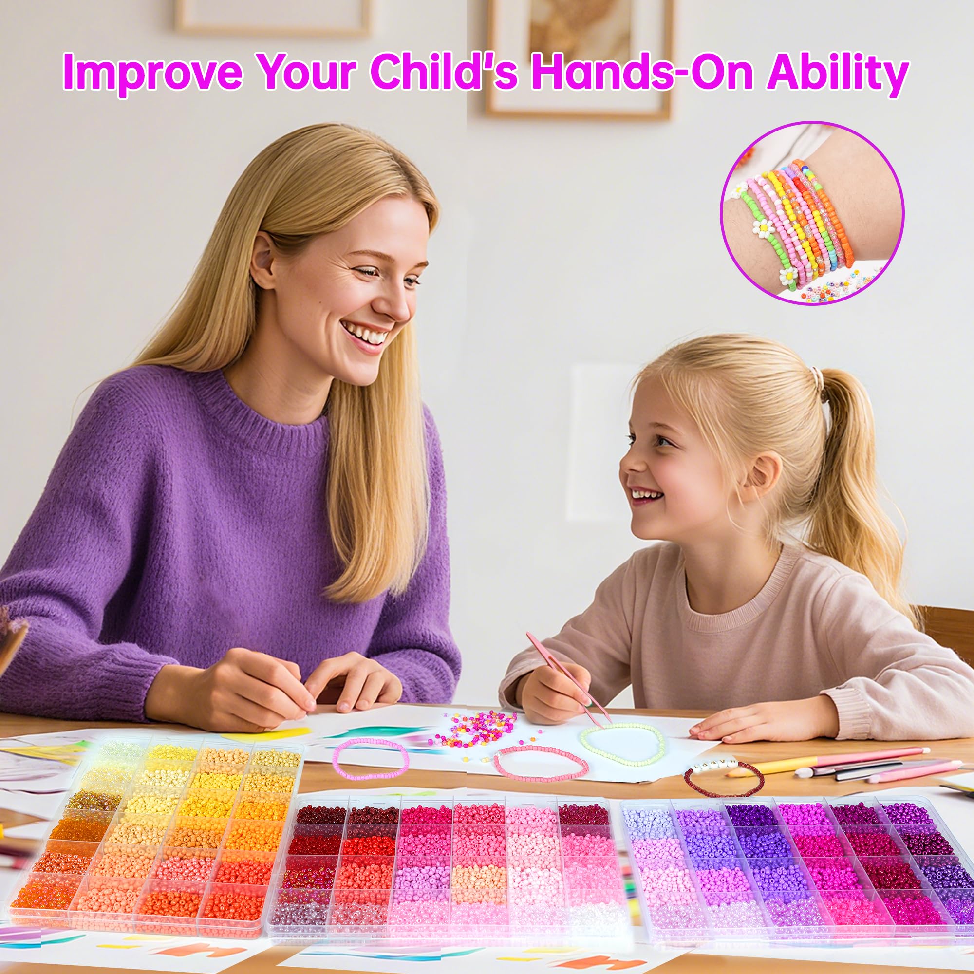 Redtwo 3mm 45000pcs Glass Seed Beads Kit, 7 Boxes 144 Colors Small Beads for Bracelets, Friendship Bracelet Kit with Charms and Letters