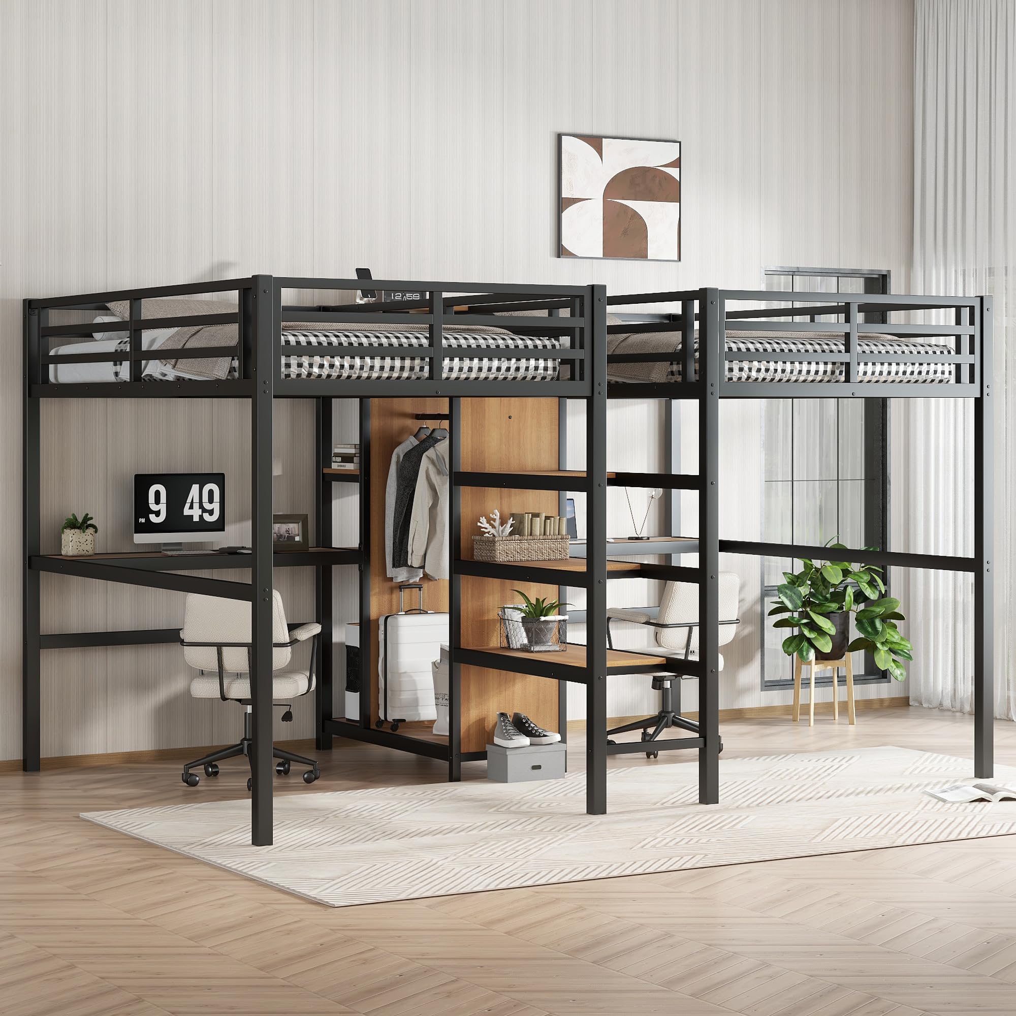 View 1 of **BOX 3 OF 3 BOX SET HAS TWIN BED FRAME ONLY** Bellemave Twin Over Twin Metal Loft Bed with Desk and Wardrobe for 2 Kids,Twin Size Heavy Duty Double Loft Bed Frame with Charging Station and Shelves for Boys,Girls,Adults,Woodgrain