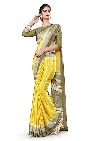 Uniform Sarees Corp Womens Yellow Beige Premium Italian Silk Crepe Saree for Teachers Uniform Sarees
