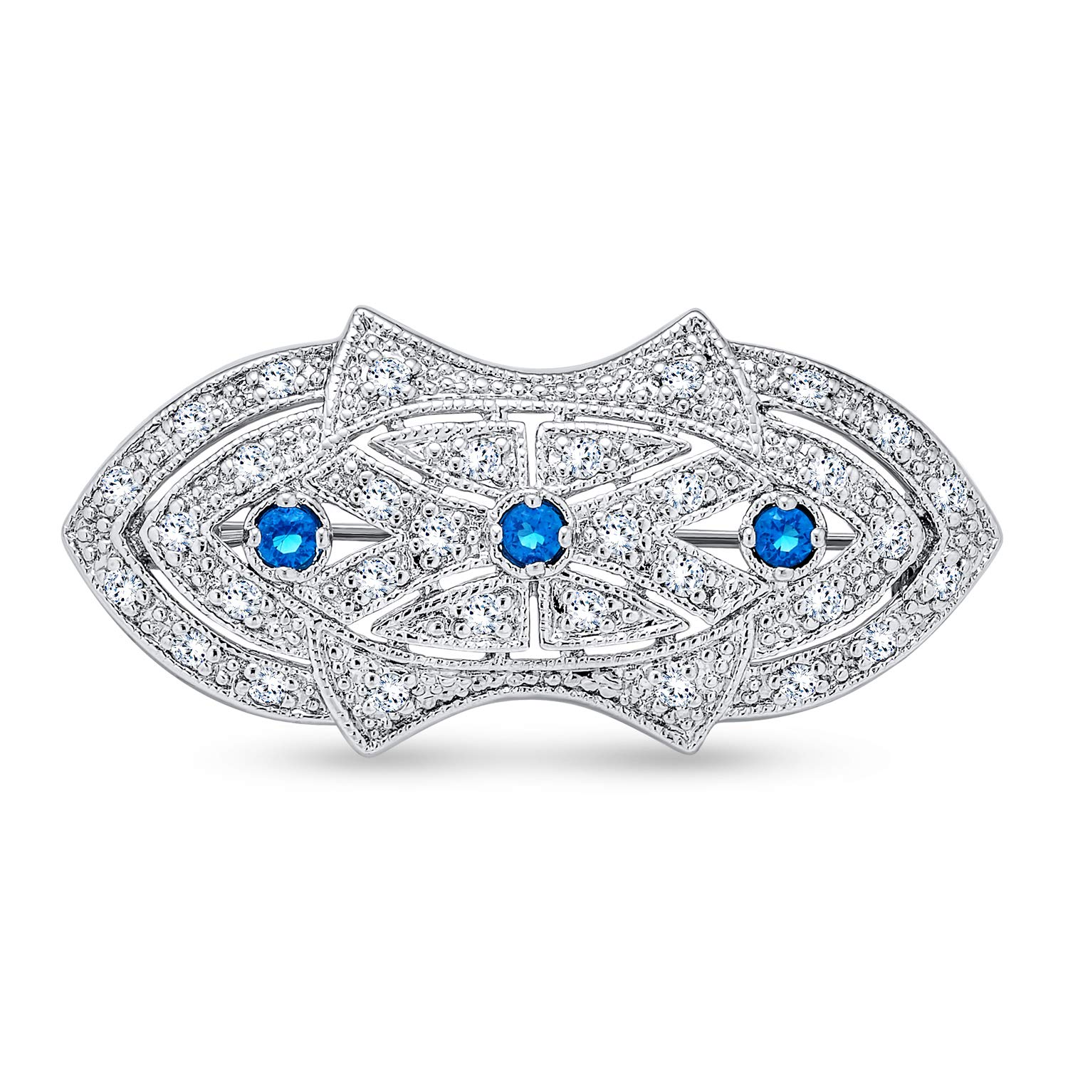 Art Deco Style Scarf Brooch Pin For Women Blue Clear CZ Simulated Sapphire Silver Plated Brass