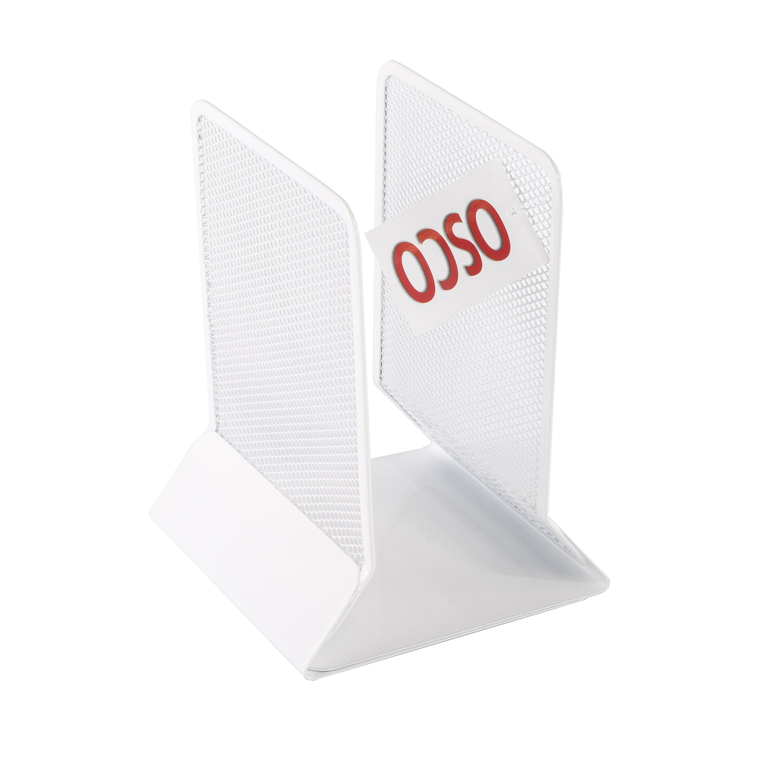 OSCO Wiremesh Bookends, Heavy Duty Metal Mesh Book Supports for Shelves, Bookcases & Desks, Non-Slip Base, Ideal for Home, Office, School or Library Use, Pack of 2 – White