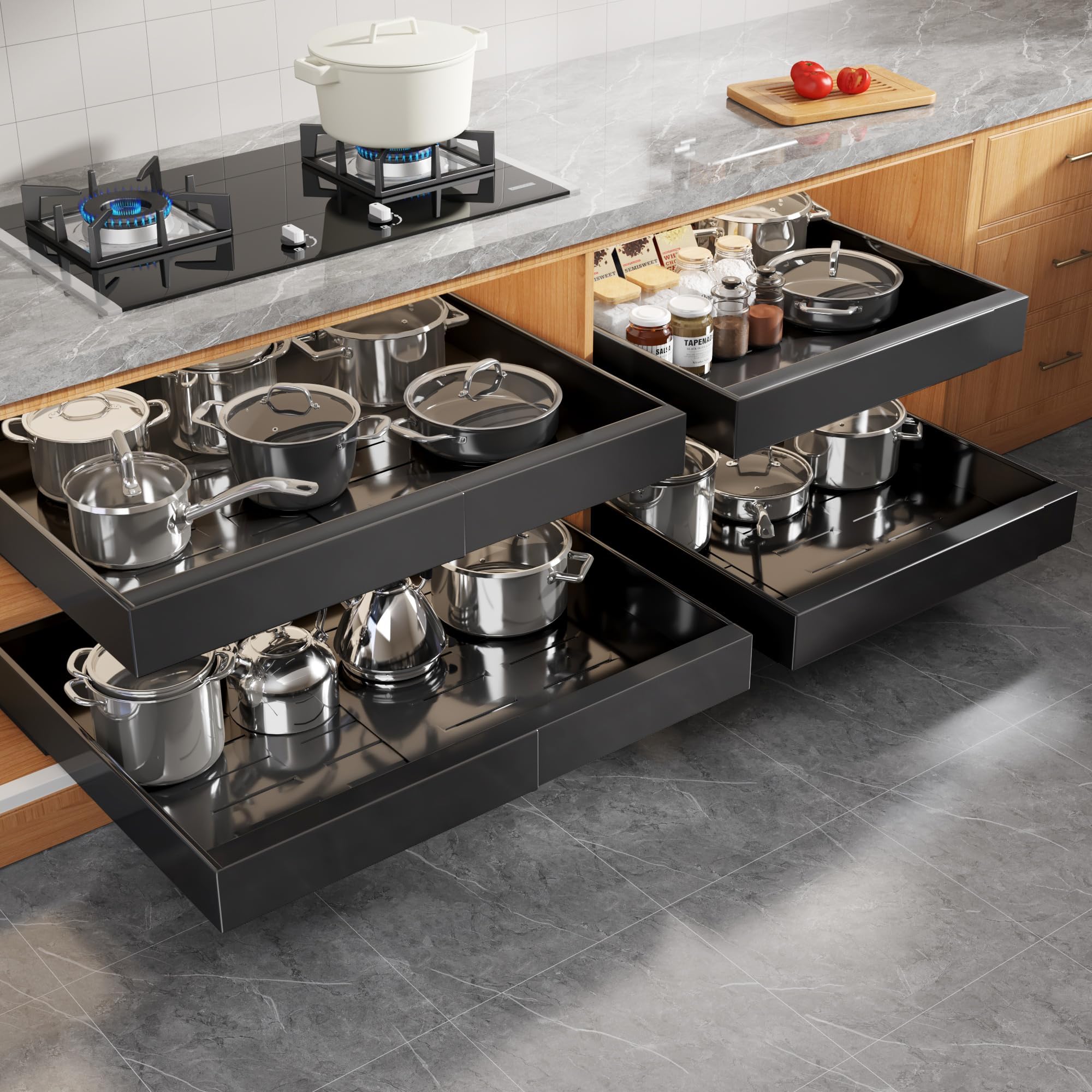 Photo 1 of **USED**Seinloes 4 Pack Expandable Width (15.15"-26.3") Pull Out Cabinet Organizer 21" Deep with Raising Pad for Framed Cabinets, Upgrade 3 Slide Rails Slide Out Drawers, Roll Out Shelves Adhesive, Black