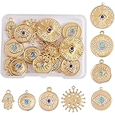 COGCHARGER 16 Pieces Evil Eye Charms 304 Stainless Steel Round Hamsa Hand Evil Eye Rhinestone Pendants for DIY Jewelry Making