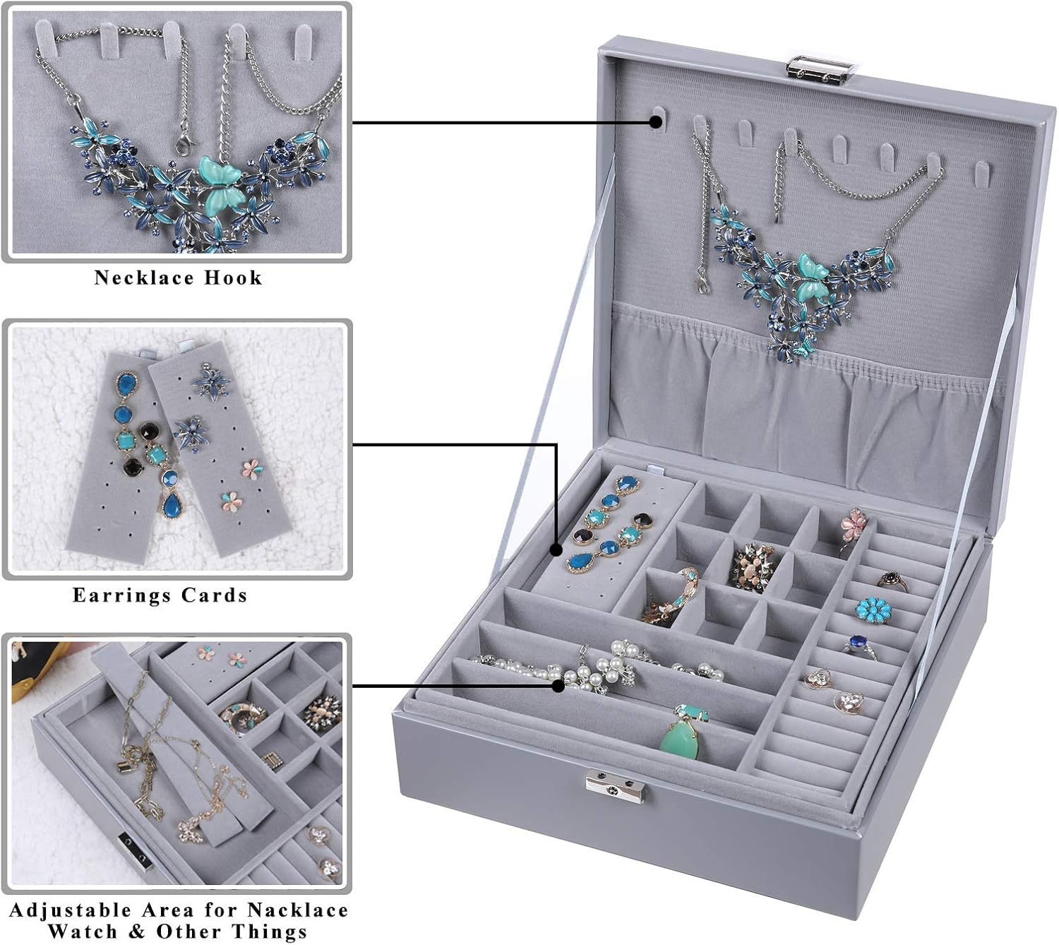 misaya Women Jewelry Box Organizer 2 Layer Large Lockable Display Jewelry Holder for Earring Ring Necklace, Gray: Home & Kitchen
