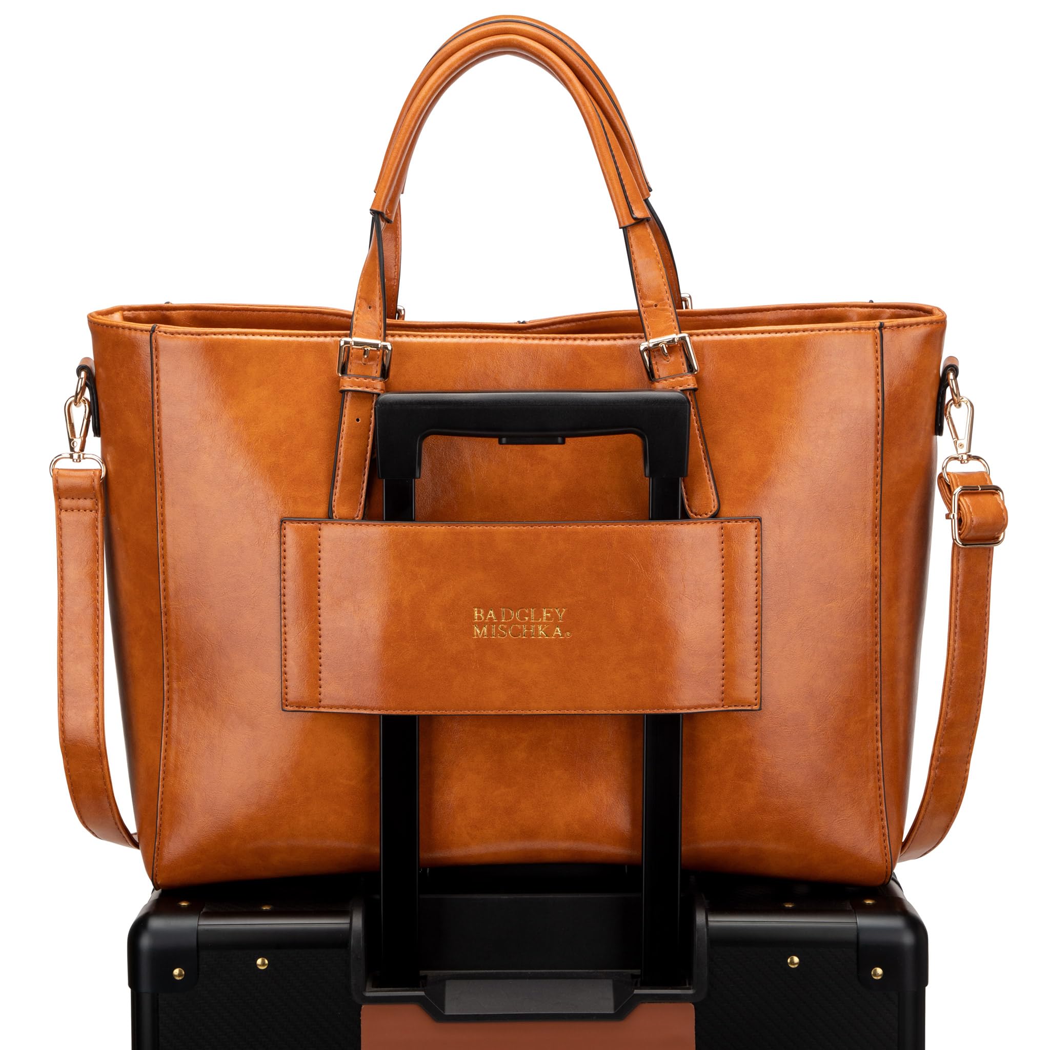 Badgley Mischka Julia Vegan Leather Weekender Tote Bag for Travel (Tan)