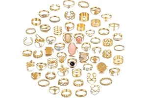 17KM 60 Pcs Gold Stacks Ring Sets for Women Non Tarnish, Dainty Vintage Stackable Rings Pack, Finger Midi Knuckle Rings for Jewelry Gift