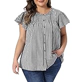 Agnes Orinda Plus Size Gingham Shirts Button Down Round Neck Ruffle Sleeve Back Pleated 1950s Vintage Plaid Tops