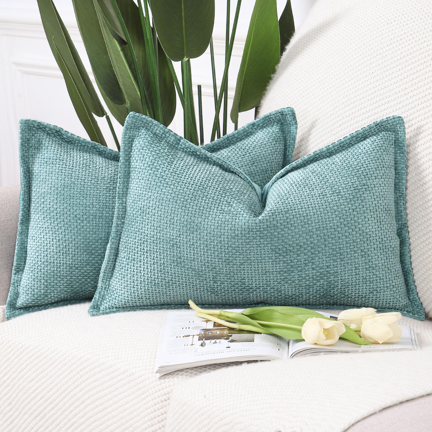 Madizz Set of 2 Chenille Velvet Cushion Covers with Flange Soft Boho Textured Throw Pillow Covers Broadside Pillowcases Modern Farmhouse Home Decor for Sofa Bedroom Turquoise 12x20 inch, 30x50 cm