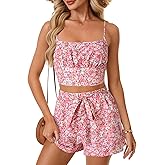 Vrtige Women's Two Piece Outfit Floral Print Crop Cami Top and Bow Tie Short Set