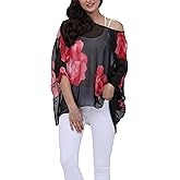 Vanbuy Plus Size Floral Chiffon Batwing Sleeve Tunic Blouse Boho Off-Shoulder Beach Cover Up Loose Summer Tops for Women