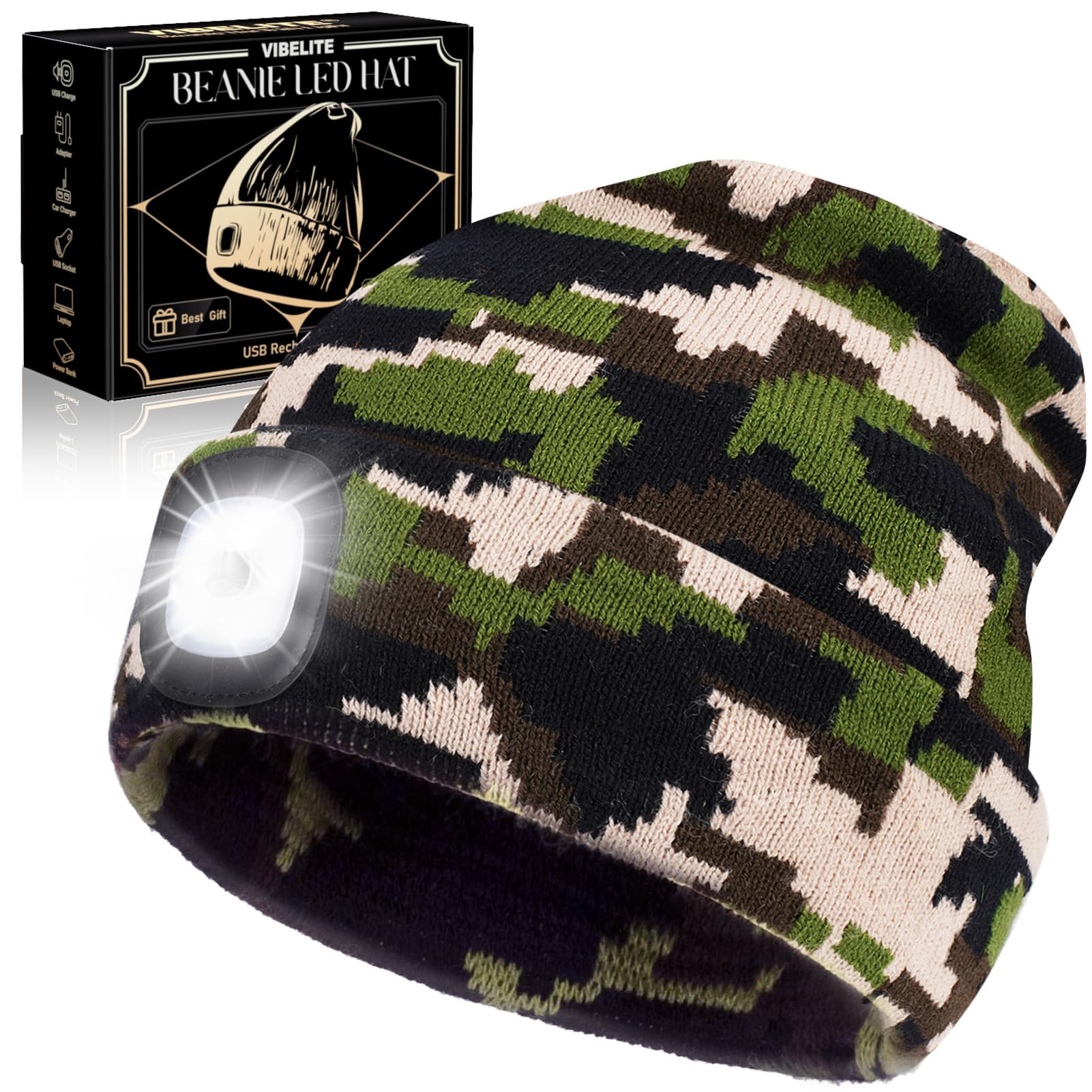 LED Beanie Hat with Light, USB Rechargeable LED Headlamp, Gifts for Men, Him, Husband, Boyfriend, Gifts for Dad, Husband, Father, Camouflage
