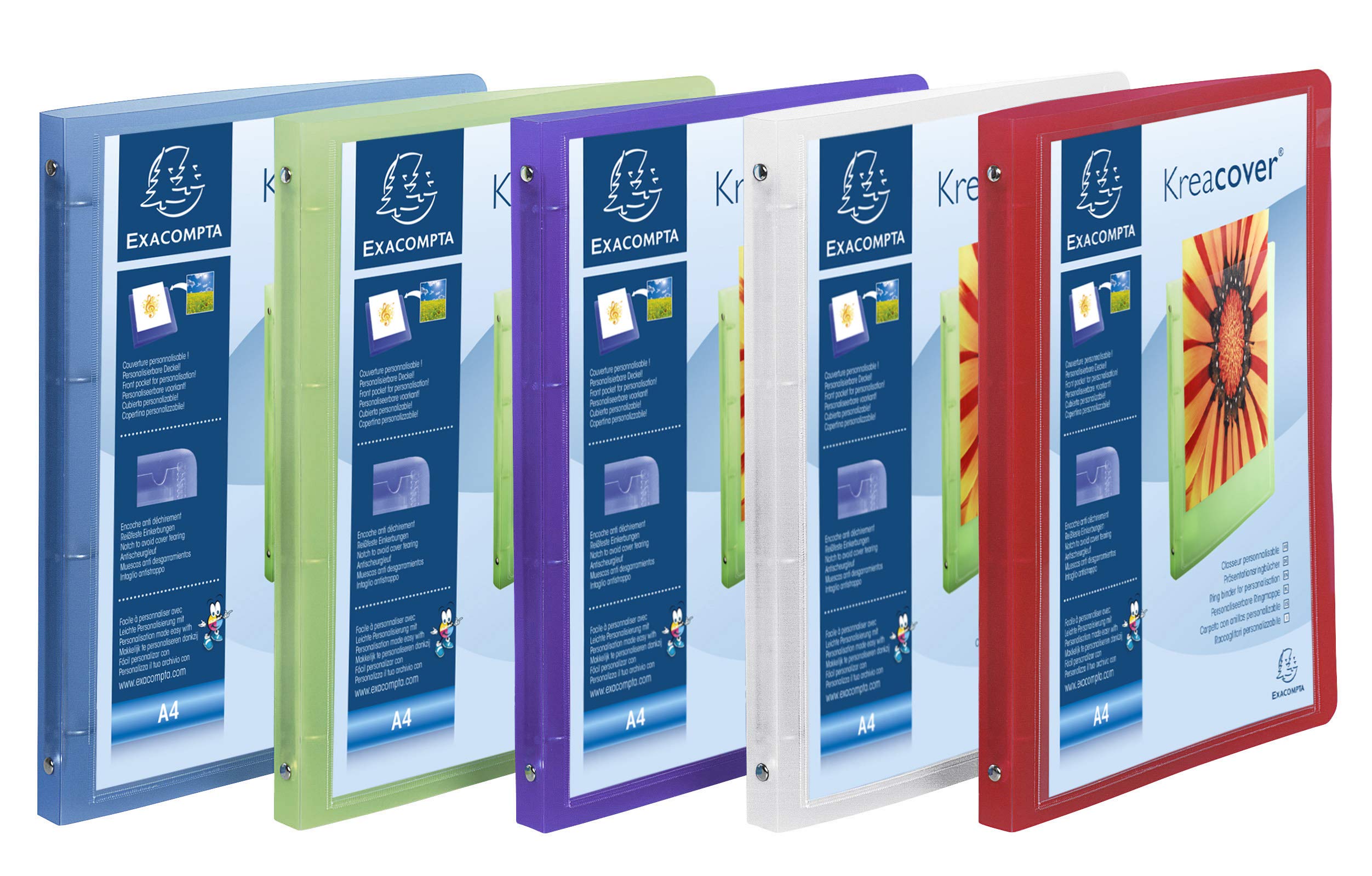 Exacompta - ref. 519699E - Box of 5 customizable flexible PP binders 1 pocket - 4 round rings, 15mm diameter - External dimensions: 32 x 25 cm - A4 file format - 5 assorted colors