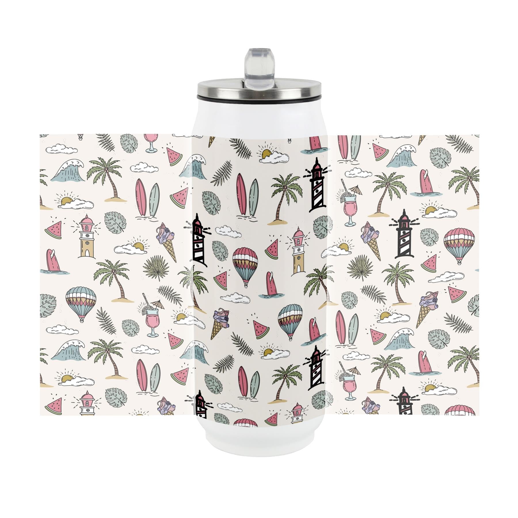 Summer Beach Drinking Flask with Built in Straw - Cartoon Tropical Holiday Vacation Gift - Reusable Stainless Steel Cold Drinks Travel Mug 500ml (17 fl oz)