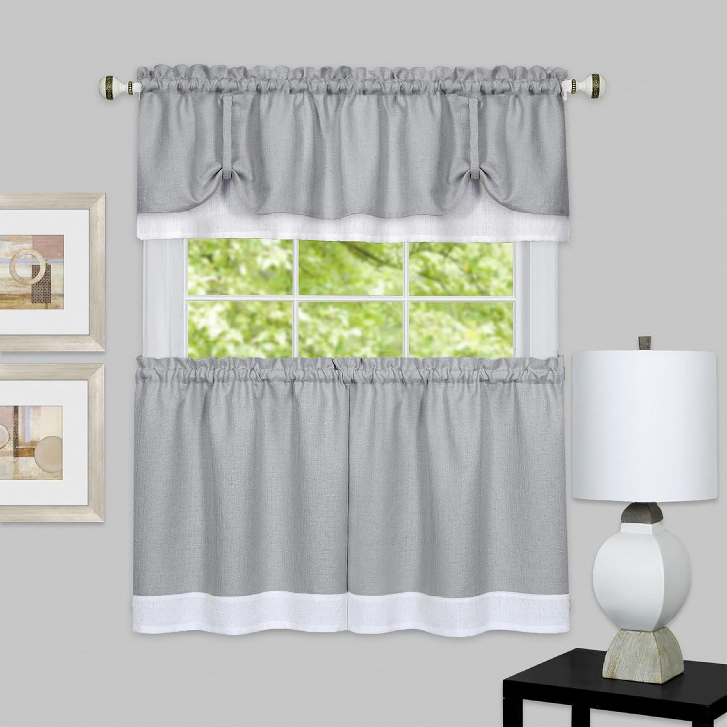ACHIM Darcy (Grey/White) Tier and Valance Window Curtain Set - 58 Inch Width, 36 Inch Length - Light Filtering Drapes for Kitchen, Bedroom, Living & Dining Room Home Decor