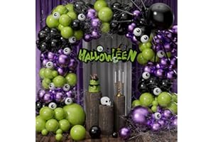 ADOINBY Halloween Balloon Garland Arch Kit, 131Pcs DIY Haloween Party Supplies Matte Black Metallic Purple Lime Green Balloon with Eye Balloons for Halloween Day Haunted House Theme Party Decorations