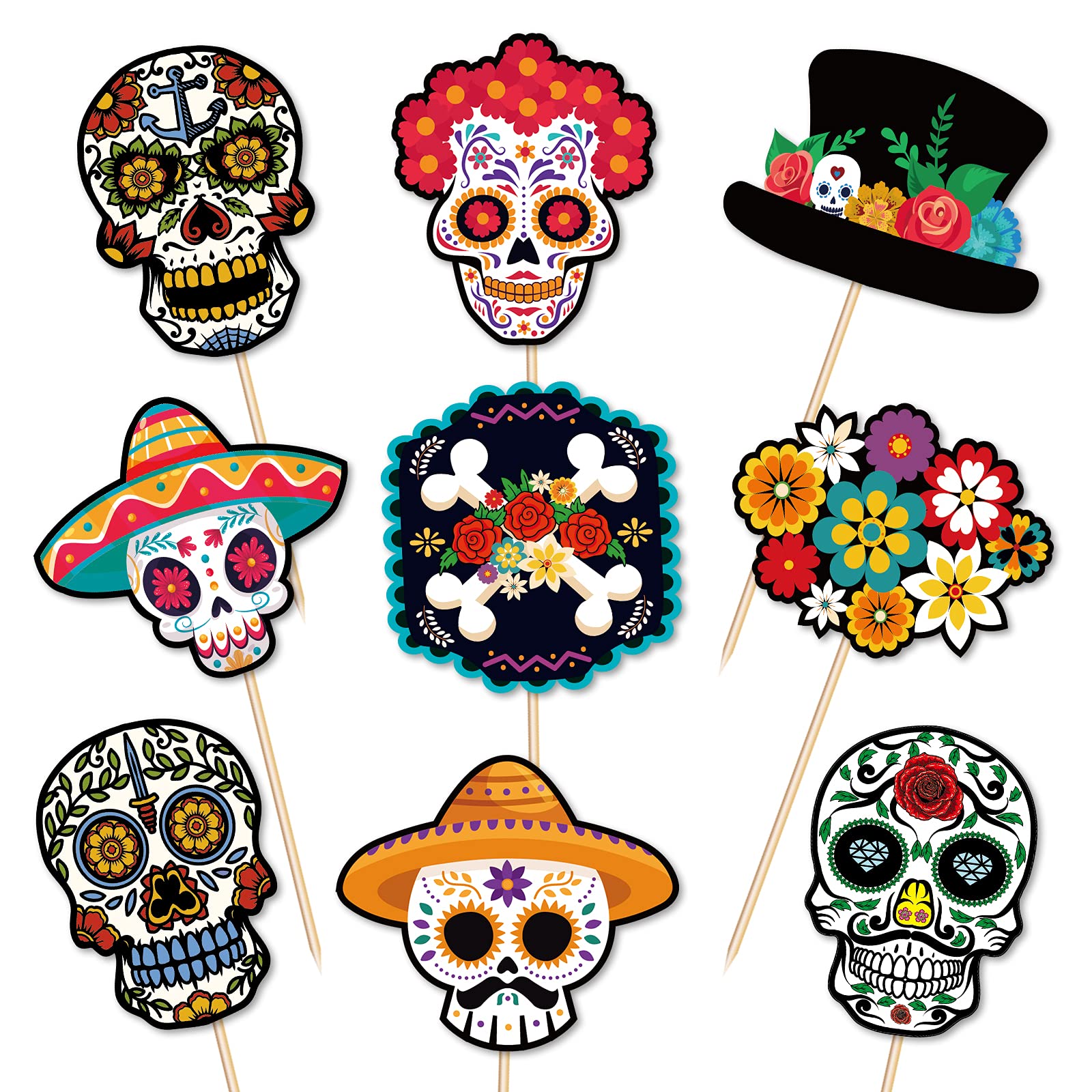 Photo 1 of 144PCS Day of The Dead Cupcake Toppers Decorations - Halloween Skull Mexican Food Picks Appetizers Toothpicks Sticks Party Supplies