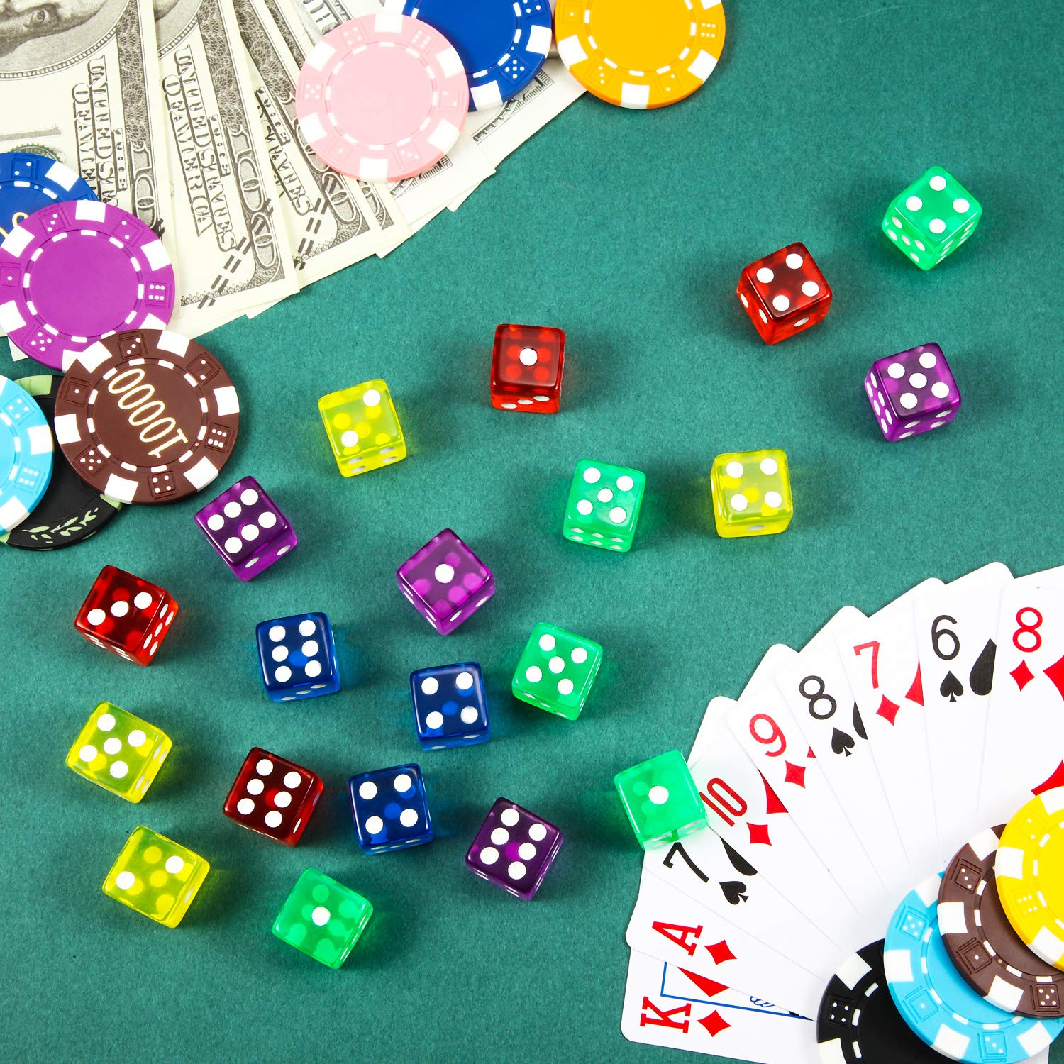 [50 Pieces] 6-Sided Games Dice Set, Colored Dice with Black Velvet Pouches for Games, Like Board Pastime‌, Math Contest, Party Favors(Purple, Blue, Green, Red, Yellow, Transparent Square Edge)