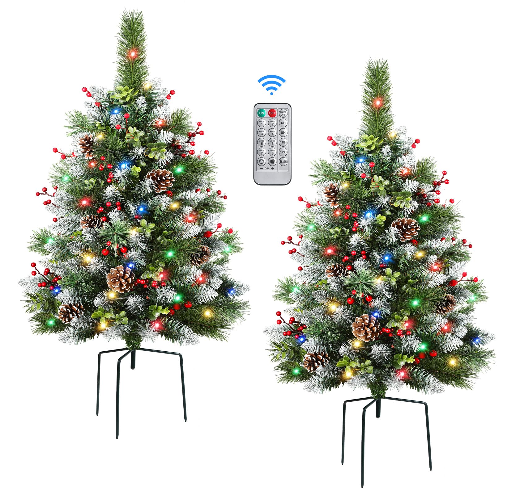 Photo 1 of **MISSING A TREE** Set of 2 24.5 Inch Pre-lit Outdoor Christmas Tree with Remote, Timer, Multi-Color Lights, Battery Operated Lighted Frosted Christmas Pathway Urn Filler, Christmas Porch Decorations for Home & Yard