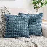 HWY 50 Blue Corduroy Decorative Throw Pillow Covers 16x16 Inch, Pack of 2, Soft Striped Farmhouse Boho Cushion Cases for Couch Sofa Bed Living Room