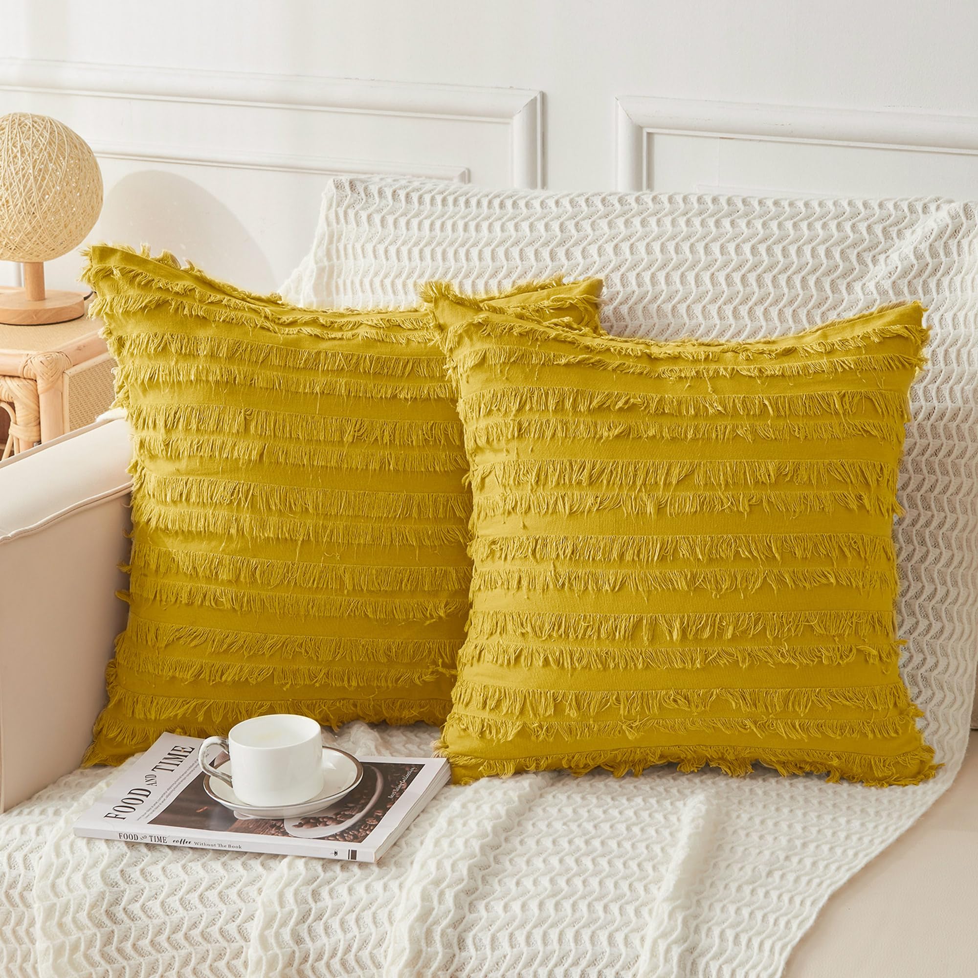 Photo 1 of 2 JELLYMONI Pack of 2 Linen Cotton Couch Throw Pillow Covers 16x16 Inch, Decorative Couch Pillow Covers with Fringe Design, Soft Square Cushion Covers for Couch (Yellow)