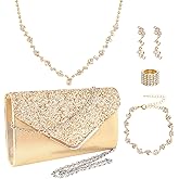 Rthjsfj 5Pcs Gold Clutch Purse Rhinestone Jewelry Set for Women Formal, Prom Clutch Purse Necklace Earrings Ring Bracelets