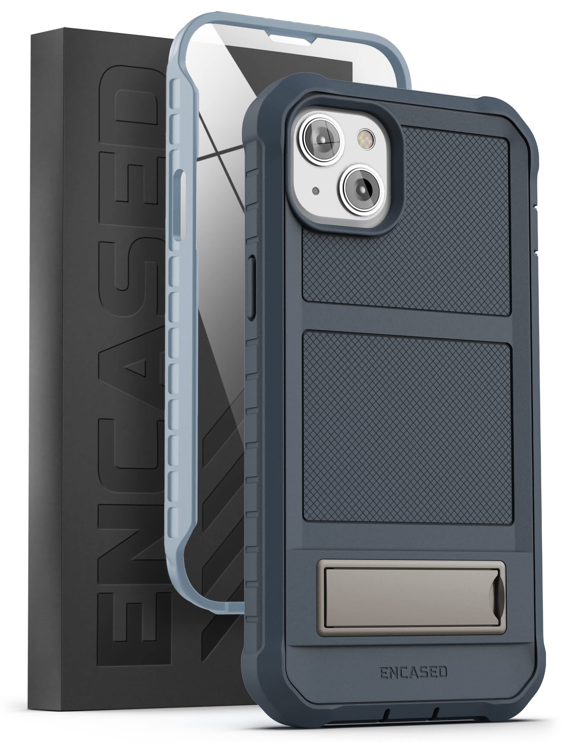 ENCASED Falcon Kickstand Case for iPhone 14 (2022 Release) Built-in Screen Protector, Rugged Full-Body Protection with Metal Stand (Retail Packaging) - Blue