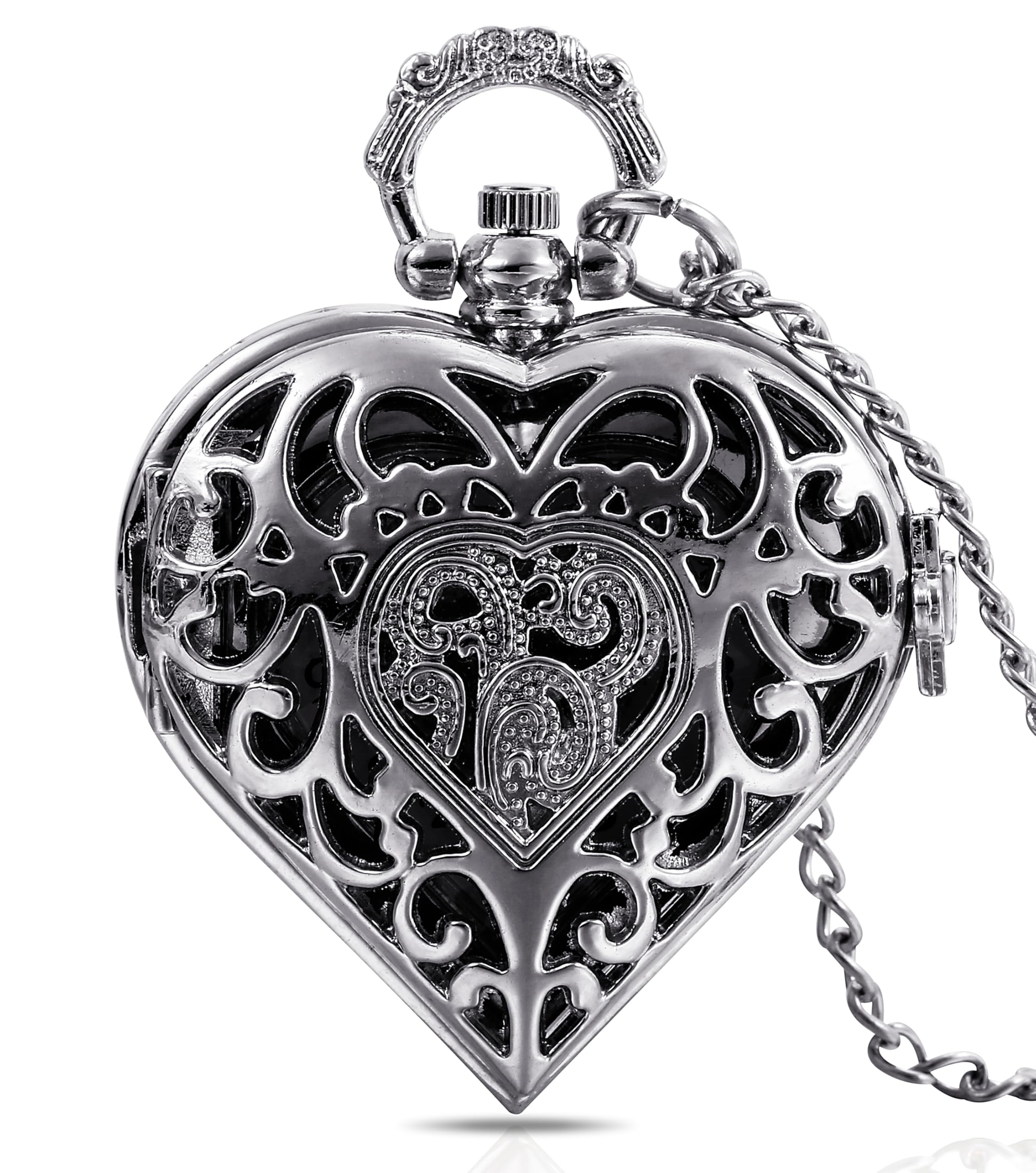 Hollow Heart Pendant Women/Girls Quartz Pocket Watch Silver Heart Locket Necklace