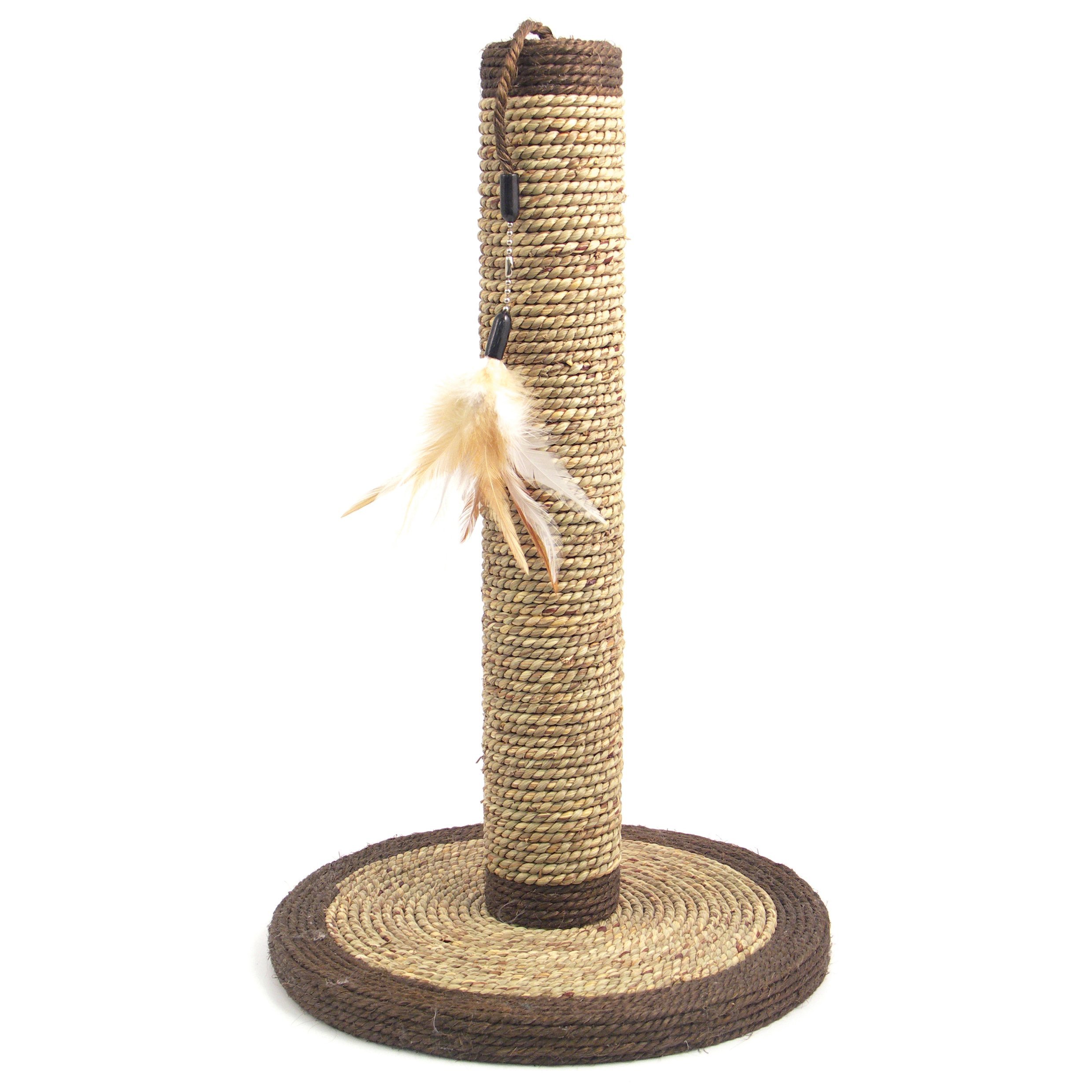Rosewood Seagrass Cat Scratch Post, 46cm Tall with Hanging Feather Cat Toy, Durable & Stylish Scratching Post for Cats, Ideal for Claw Maintenance & Play