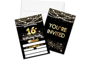 FOOSPROEA 16th Birthday Invitations with Envelopes - Black Gold Glitter Fill-in Invites Cards - Surprise Birthday Party Invitation Card for Her Him - Birthday Party Favors Supplies Decorations (20 Pack)