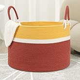 Eblog Large Blanket Basket (20"x13"), Woven Rope Storage Basket for Blankets, Clothes & Laundry - Living Room, Nursery, Bedroom (Yellow/Brown)