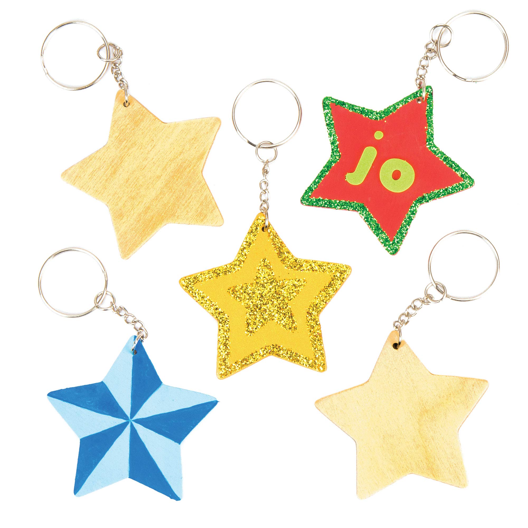 Baker Ross AV609 Wooden Star Keyring Kit, For Kids to Assemble and Attach to Key Rings and Bags (Pack of 8), Wood, 6cm