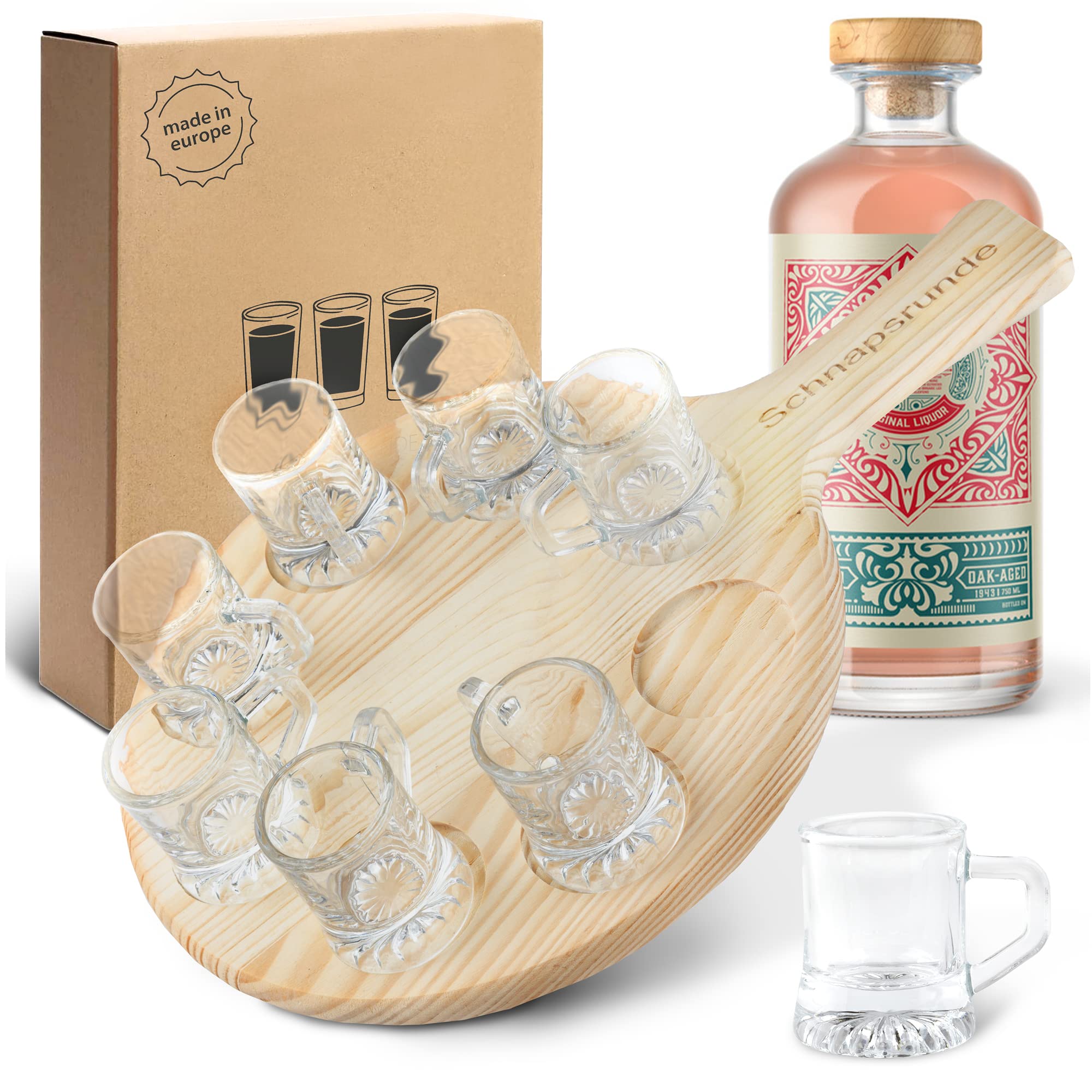 Smart Planet Shot Glass Wooden Board with Shot Glasses and Inscription: Schnapsrunde with 8 glasses of wooden tray and handle made of beech.