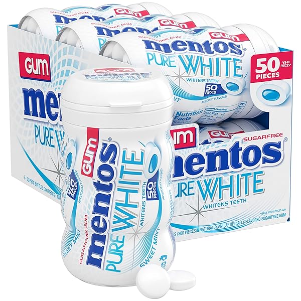 MENTOS PURE WHITE SUGAR-FREE CHEWING GUM WITH XYLITOL, SWEET MINT, HOLIDAY CANDY, BULK, 50PIECE BOTTLE (PACK OF 6)
