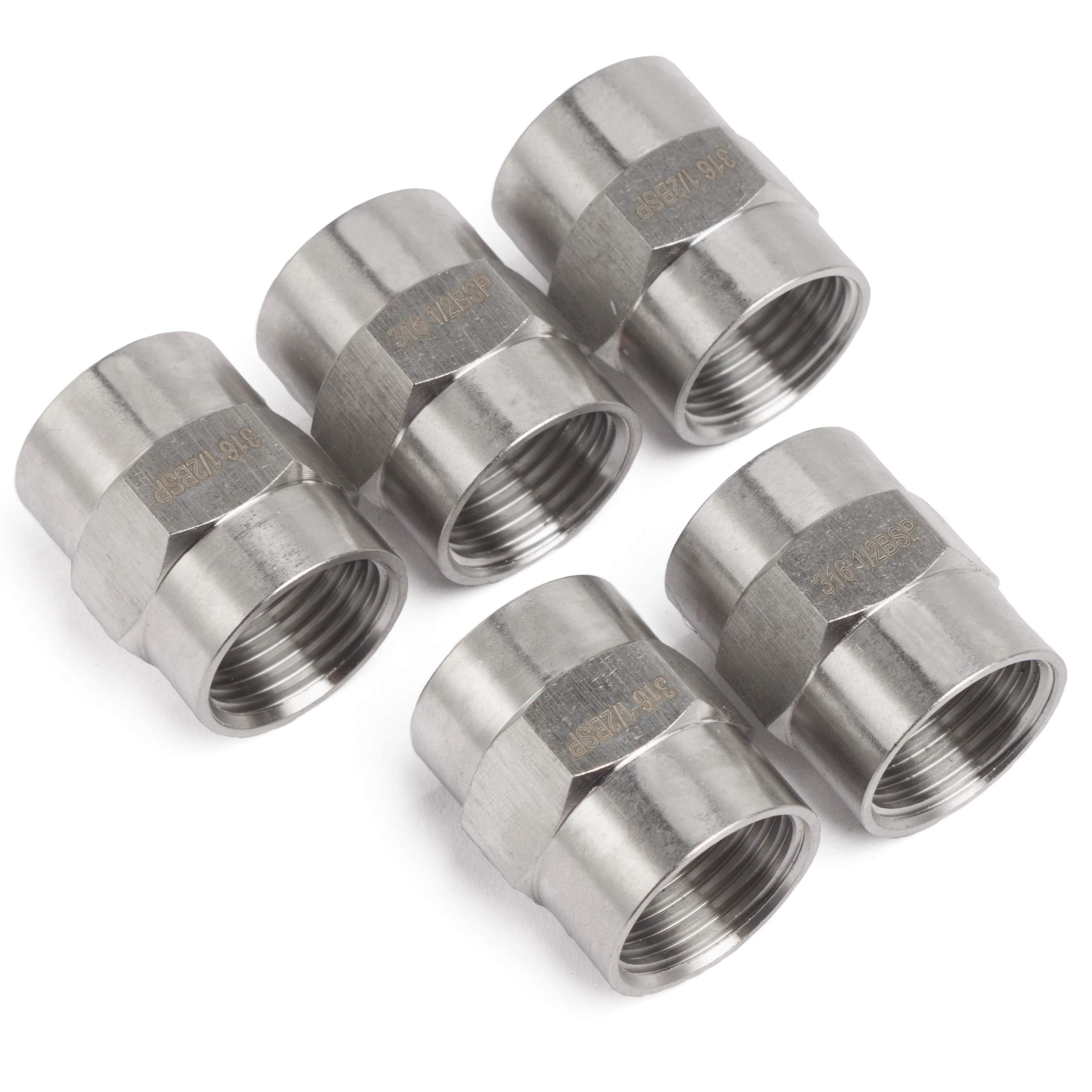 LTWFITTING Bar Production Stainless Steel 316 Pipe Fitting 1/2-Inch Female BSPP Coupling Boat Air Fuel(Pack of 5)