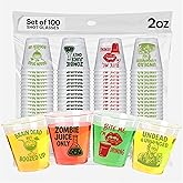 Halloween Shot Glasses Disposable Set of 100, 25 Pcs Each Design, 2oz Each, Plastic Jello Halloween Shot Cups for Zombie Party Drinkware and Decorations - Ideal Horror Glasses For Zombie Decorations