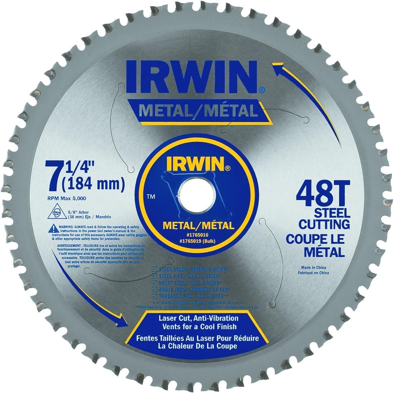 Irwin 4935555 7-1/4" x 48-Tooth Metal Cutting Circular Saw Blade for Ferrous Steel