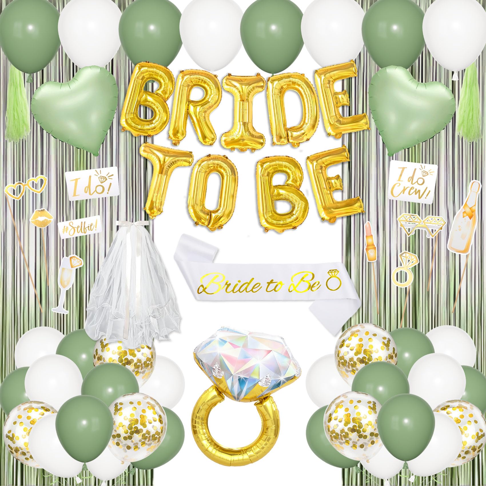 Amandir Bachelorette Party Decorations Supplies, Sage Green Bridal Shower Decorations Foil Ring Bride To Be Sash Veil, White Gold Confetti Heart Balloons Photo Booth Props Fringe Curtains Paper Tassel