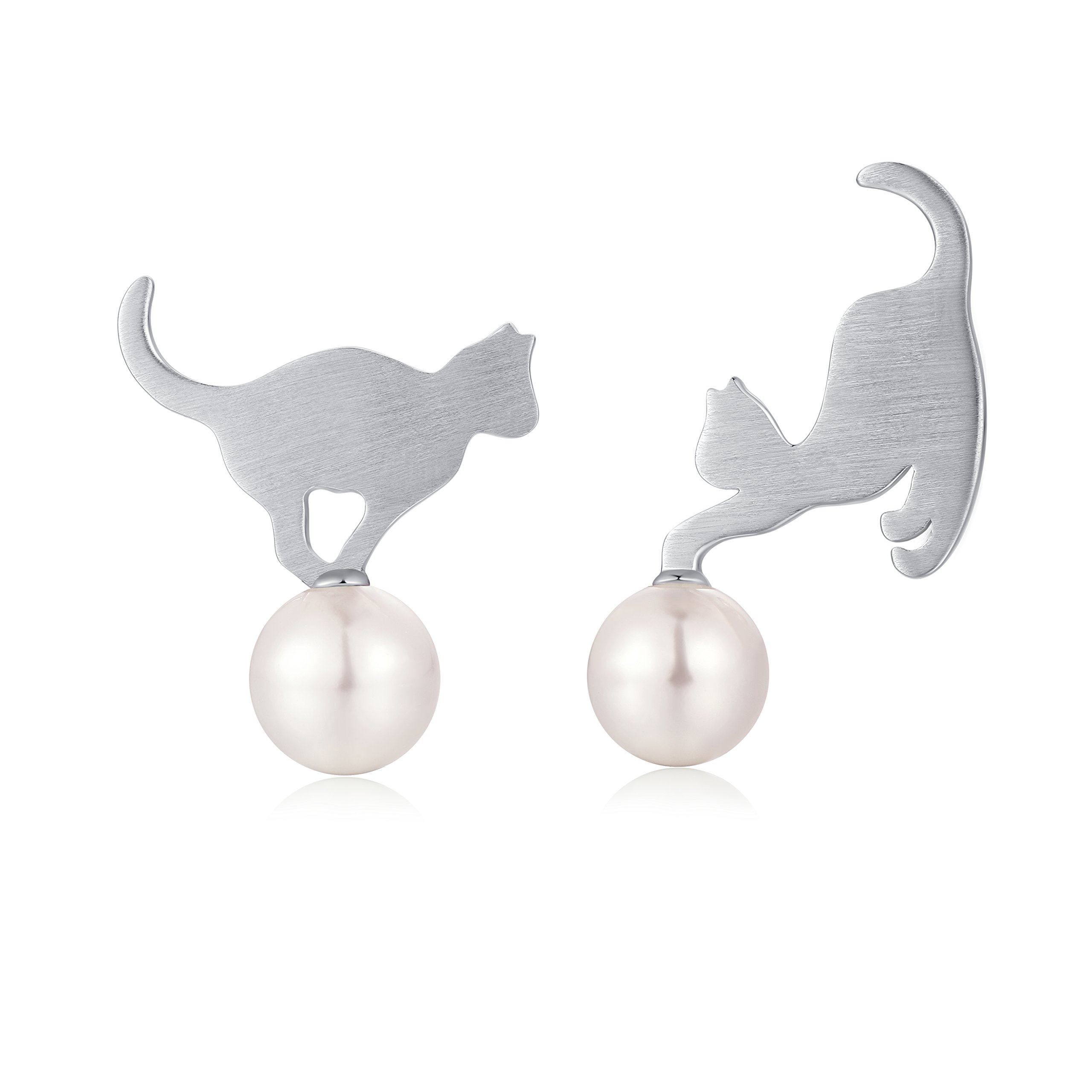 Jiahanzb Cat Pearl Stud Earrings for Women 25 Sterling Silver White Pearl Earring Cats Jewellery Gifts for Cat Lovers โ image 1