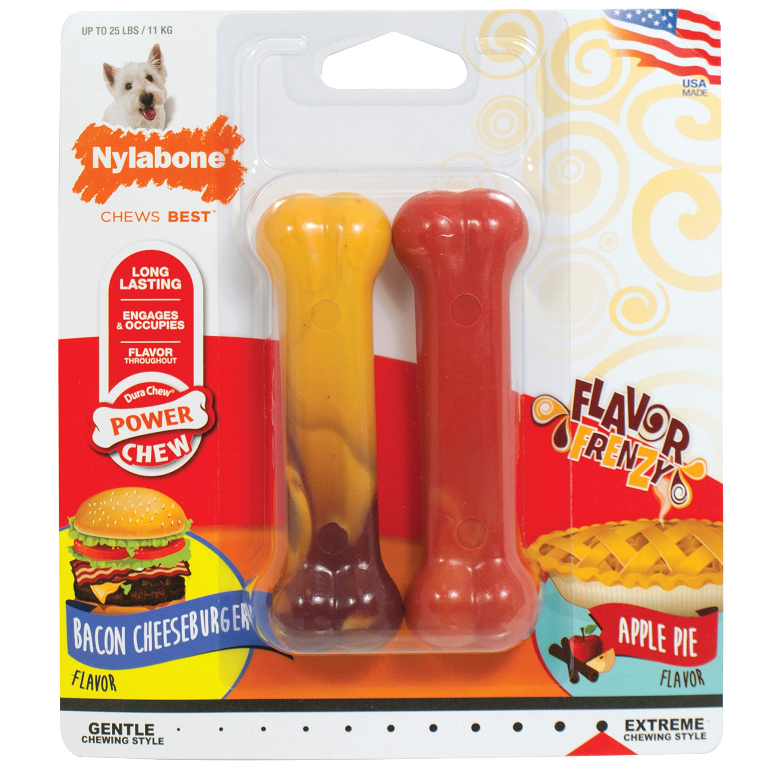 Nylabone Extreme Tough Dog Chew Toy Bones, Cheeseburger & Apple Flavour, 2-piece, Small, For Dogs Up To 11 kg